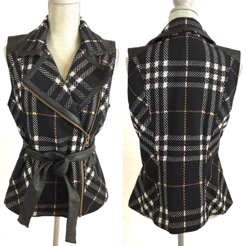 CAbi Women’s Grid Vest Black Plaid Moto Pockets S